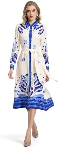Women's 2026 Shirt Collar | V-Neck Collar Floral Dress Blue-and-White Porcelain Long-Sleeve Printed Maxi Dresses