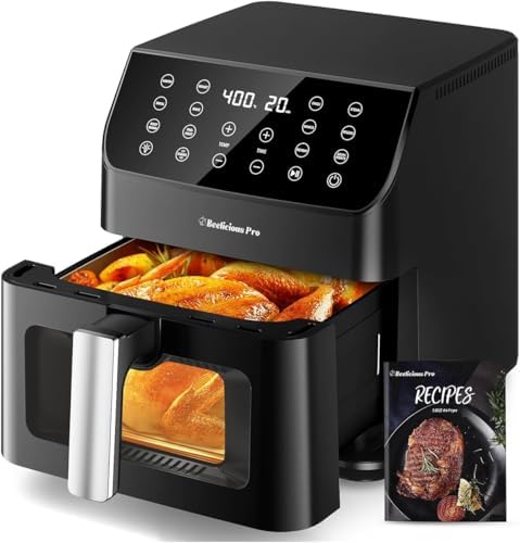 Beelicious Large AirFryer, 12-in-1 Digital Airfryer with Window, Dishwasher Safe, 5.8Qt, 40+ Recipes, Flavor-Lock Tech, Shake Reminder, Compact, Quiet, Nonstick Air Fryers. Black