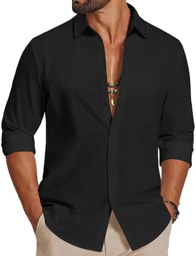 COOFANDY Men's Casual Button Down Shirts Long Sleeve Cotton Beach Wedding Shirt Summer Linen Shirt for Men
