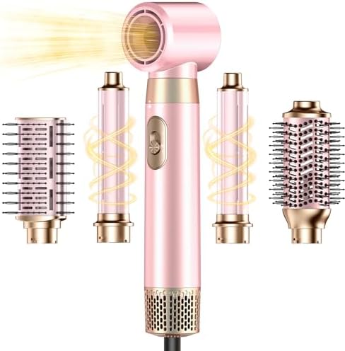 5 in 1 Blow Dryer Brush Set, Upgrade Hair Dryer & Blow Dryer Brush & Air Curling Wrap & Paddle Brush, Detachable Hot Air Brush Styling Tools, High Speed Travel Hair Volumizer Straightener Curler Pink