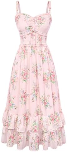 Scarlet Darkness Women's Floral Cottagecore Dress Smocked A Line Casual Milkmaid Sundress with Pockets