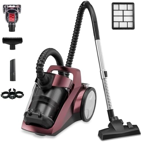 Canister Vacuum Cleaner, 45Kpa 1600W Bagless Canister Vacuum, 4Qt Large Dust Cup, Variable Speed Control, 5 Tools, Lightweight Canister Vacuum for Home, Pet, Carpet, Hard Floor, Red