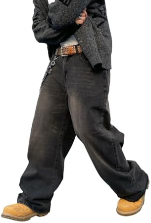 DFGIGT Men's Baggy Hip Hop Jeans Wide Leg Skater Denim Pants Casual Loose Fit Long Trousers Streetwear