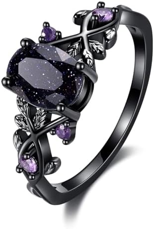 Blue Sandstone Gothic Leaf Ring for Women – 18K Black Gold Plated Vine Promise Statement Ring, Engagement Wedding Band Jewelry Gifts