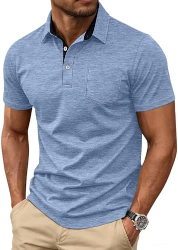 Mens Short Sleeve Polo Shirts Collared Business Casual Polo T Shirts with Pocket