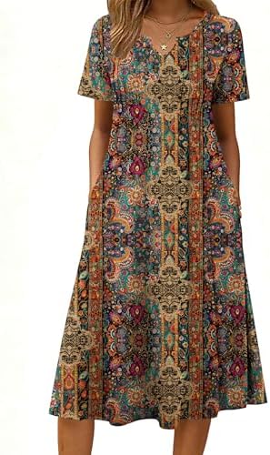 Zeagoo Summer Dresses for Women 2026 Casual Short Sleeve Aline Midi Dress with Pocket Flowy Pleated Tshirt Beach Sundress