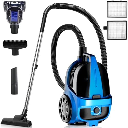 Canister Vacuums 45Kpa 1600W Canister Vacuum Cleaners for Home Double HEPA Filter 4.5Qt Bagless Vacuum Cleaner Lightweight Canister Vacuum Cleaner for Hard Floors Carpet Pet Upholstery Tiles Car Blue