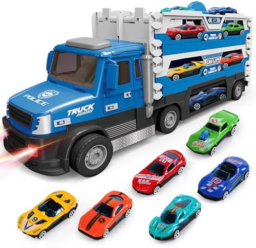 DOWELLIN 6 in 1 Transport Truck Toys for Kids, Police Trucks Carrier Cars with 6Pcs Metal Race Car with Light&Sounds, Toddler Vehicles Toys Gifts for Boys Girls Age 3 4 5 6 7 8-Blue