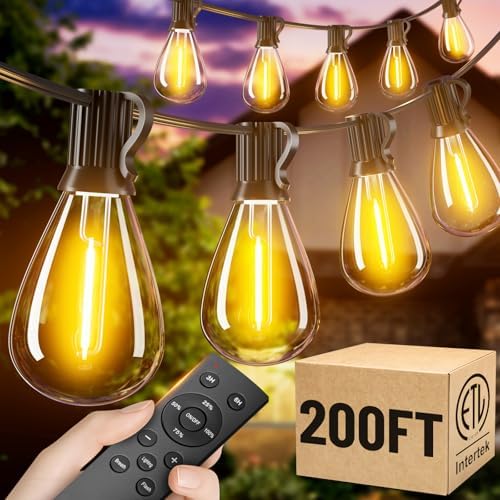 200FT Outdoor String Lights with Remote, Waterproof Patio Lights with 72+2 Shatterproof LED Bulbs, Low Voltage Adapter for Backyard Garden Porch Bistro Decor, Timer & Dimmer Modes