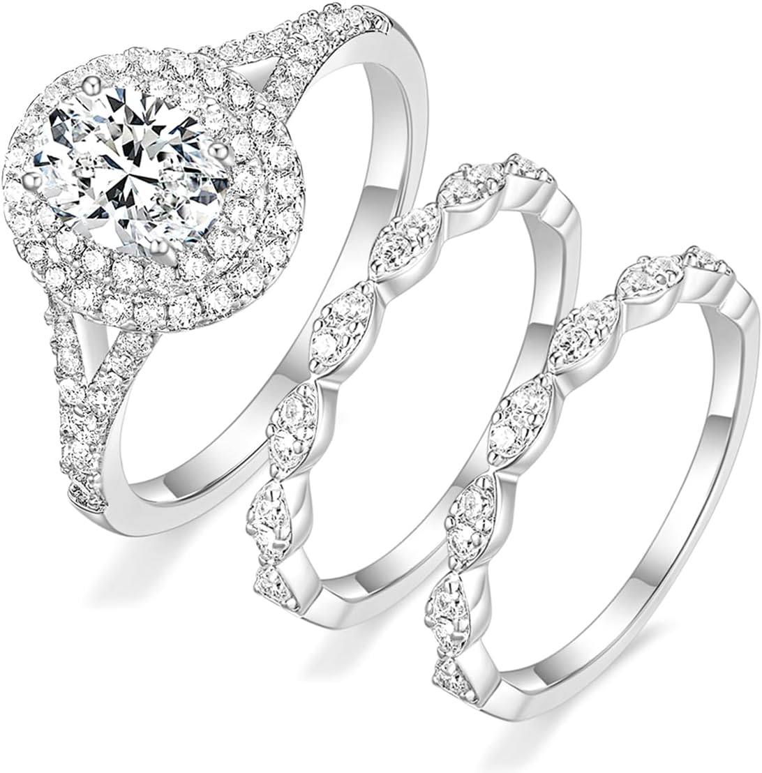 TIGRADE 1.5CT Bridal Ring Sets Oval Cut Cubic Zirconia Wedding Band Halo CZ Engagement for Women Size 3.5-12