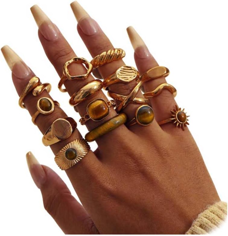 UYY Chunky Gold Rings for Women Non Tarnish, Baroque Pearl Flower Tiger's Eye Stone Rings Adjustable Stacking Statement Rings Set Fashion Jewelry Gifts