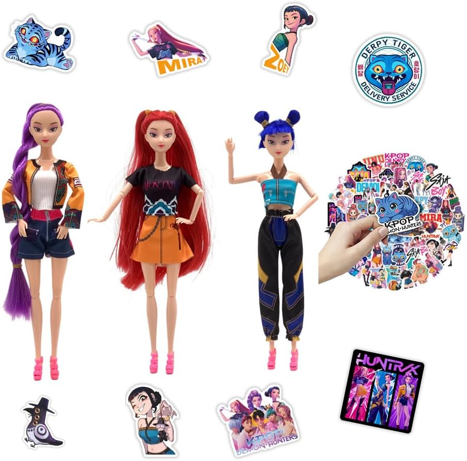 JILLICK 3Pack Demon Hunters Toys Set, Demon Hunters Dolls Set, 11.5-inch Poseable Dolls with Movable Joints, 50 Stickers Included Suitable for Fans and Kids Game Gift