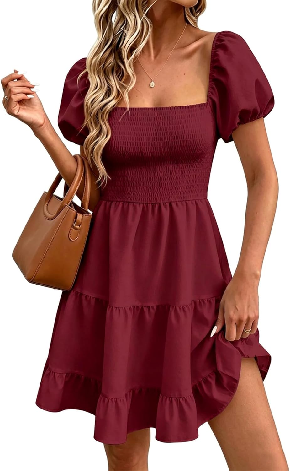 Wenrine Womens Puff Sleeve Babydoll Dress Summer Floral Square Neck Smocked Casual Off Shoulder Ruffle Boho Mini Dresses
