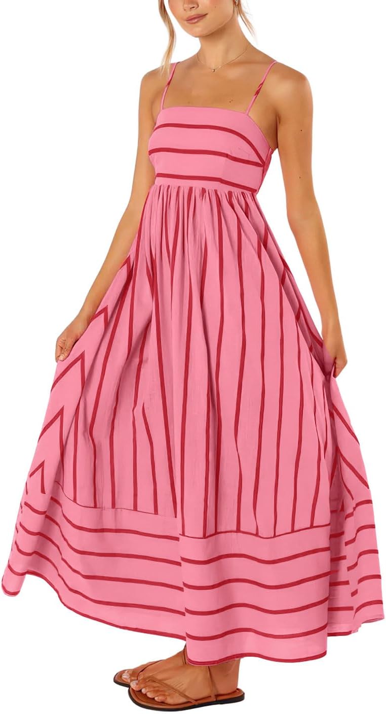 chouyatou Women's Striped Back Smocked Maxi Dress Sexy Spaghetti Strap Cut Out Flowy Swing Long Dress