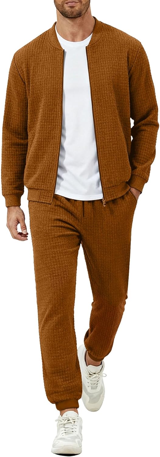 UOUA Men's Tracksuit 2 Piece Sets Casual Sweatsuit with Full Zip Athletic Jogging Suits Waffle Plaid Jacquard Outfits