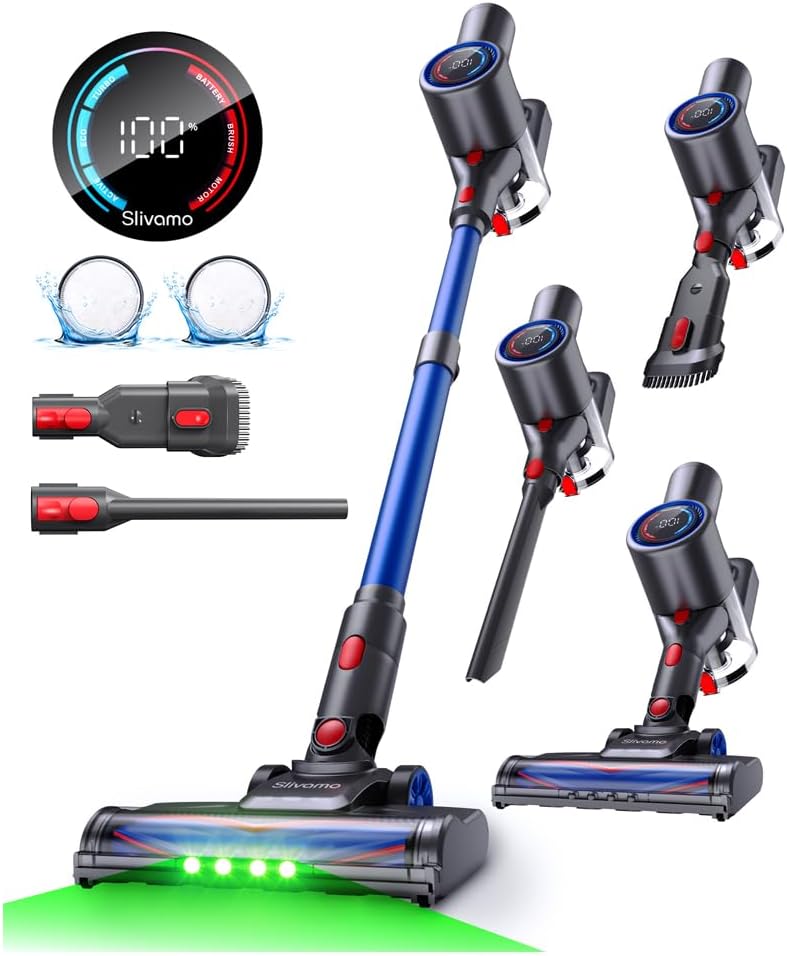 Slivamo S10 Cordless Vacuum Cleaner, 40KPA\/500W\/45Mins, LED Display, 8-in-1 Lightweight Stick Vacuum Cleaners for Home with Green LED Light, 6-Stages Filtration, Self-Standing Design, Blue