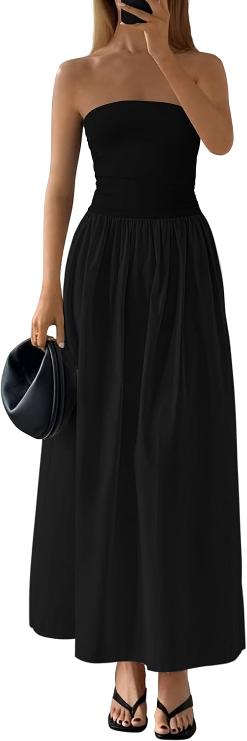 PRETTYGARDEN Women 2026 Summer Elegant Strapless Maxi Dress Tube Top Dress A Line Flowy Long Wedding Party Cocktail Dresses