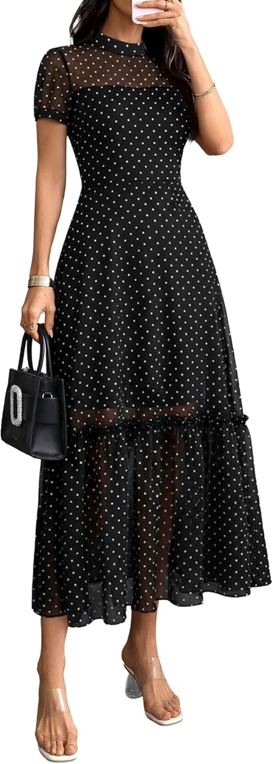 GothDark Women's Summer Floral Mesh Ruffle Dress Short Sleeve Round Neck Waist Cinched Casual Maxi Wedding Guest Dresses