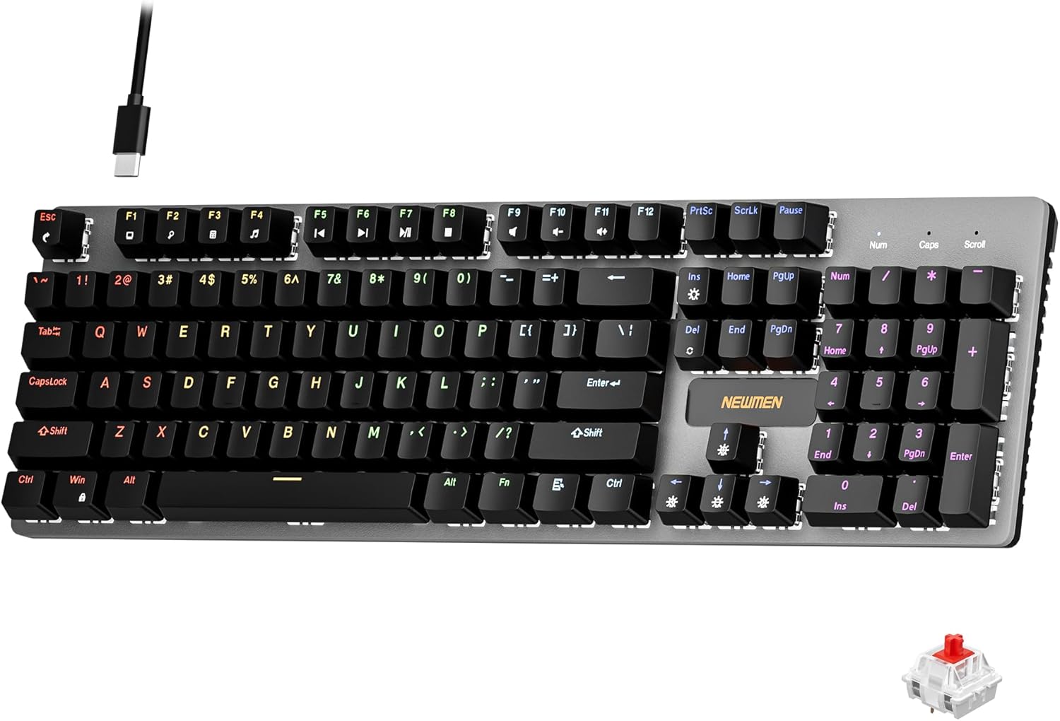 Newmen GM325Pro Mechanical Keyboard,104 Keys Rainbow LED Backlit Wired Gaming Keyboards,Hot-Swap Metal Panel ABS Black Keycaps Gaming Mechanical Keyboard for Windows Laptop PC Linear Red Switches