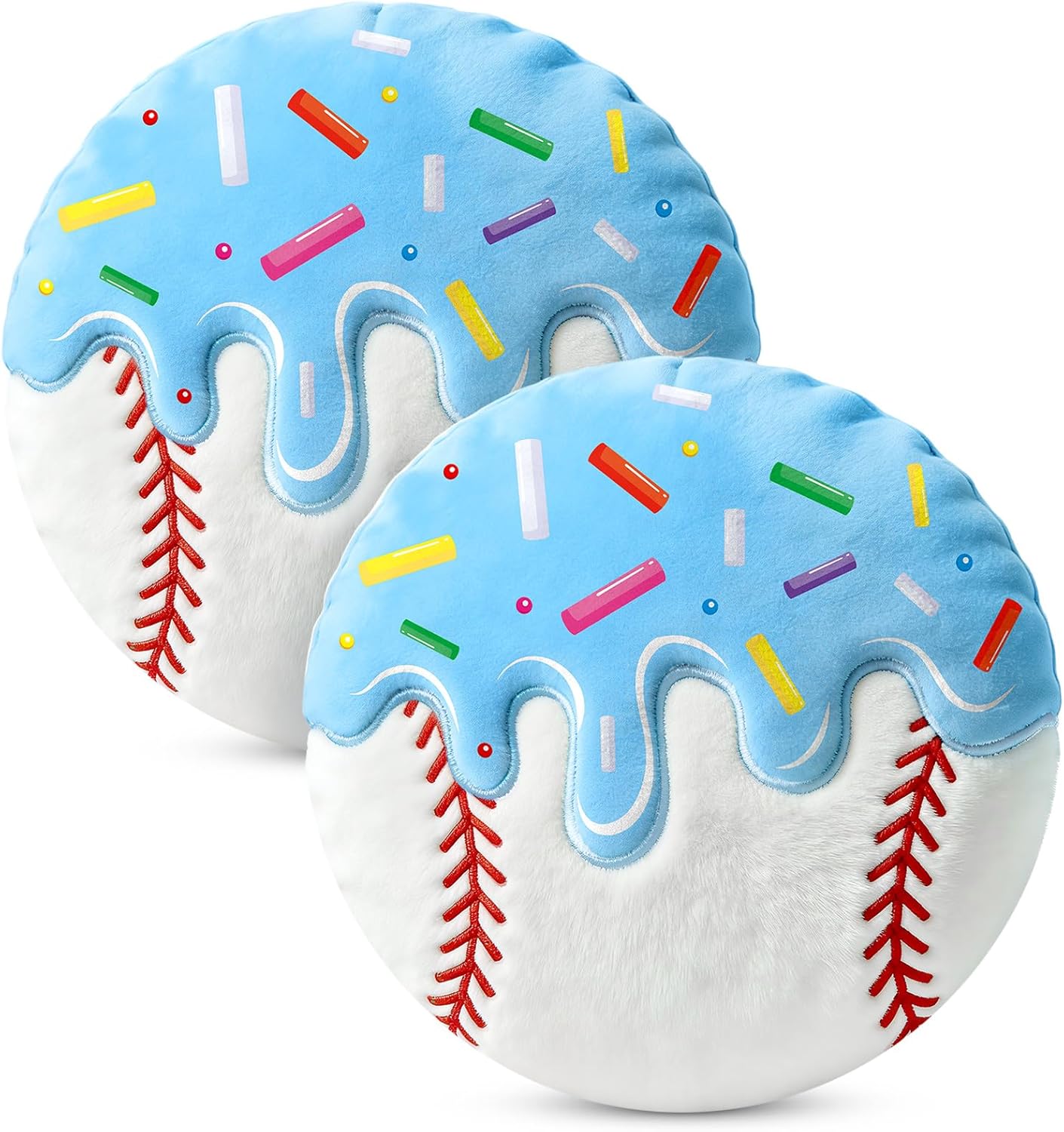 AKAIXI 2Pcs Blue Ice Cream Drip Baseball Throw Pillows, 12" Hypoallergenic Soft Plush Stuffy Sports Pillows for Bedrooom Couch Bed Decoration, Gift for Baseball Lover Player Team