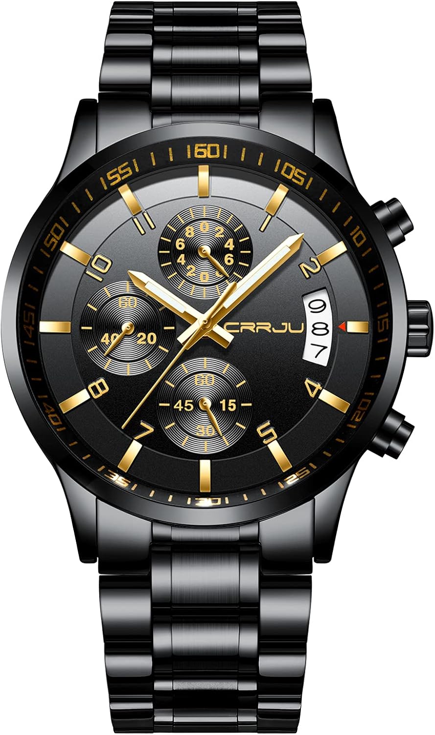 CRRJU Men's Fashion Stainless Steel Watches Date Waterproof Chronograph Wristwatches,Black Steel Band Waterproof Quartz Watch for Men