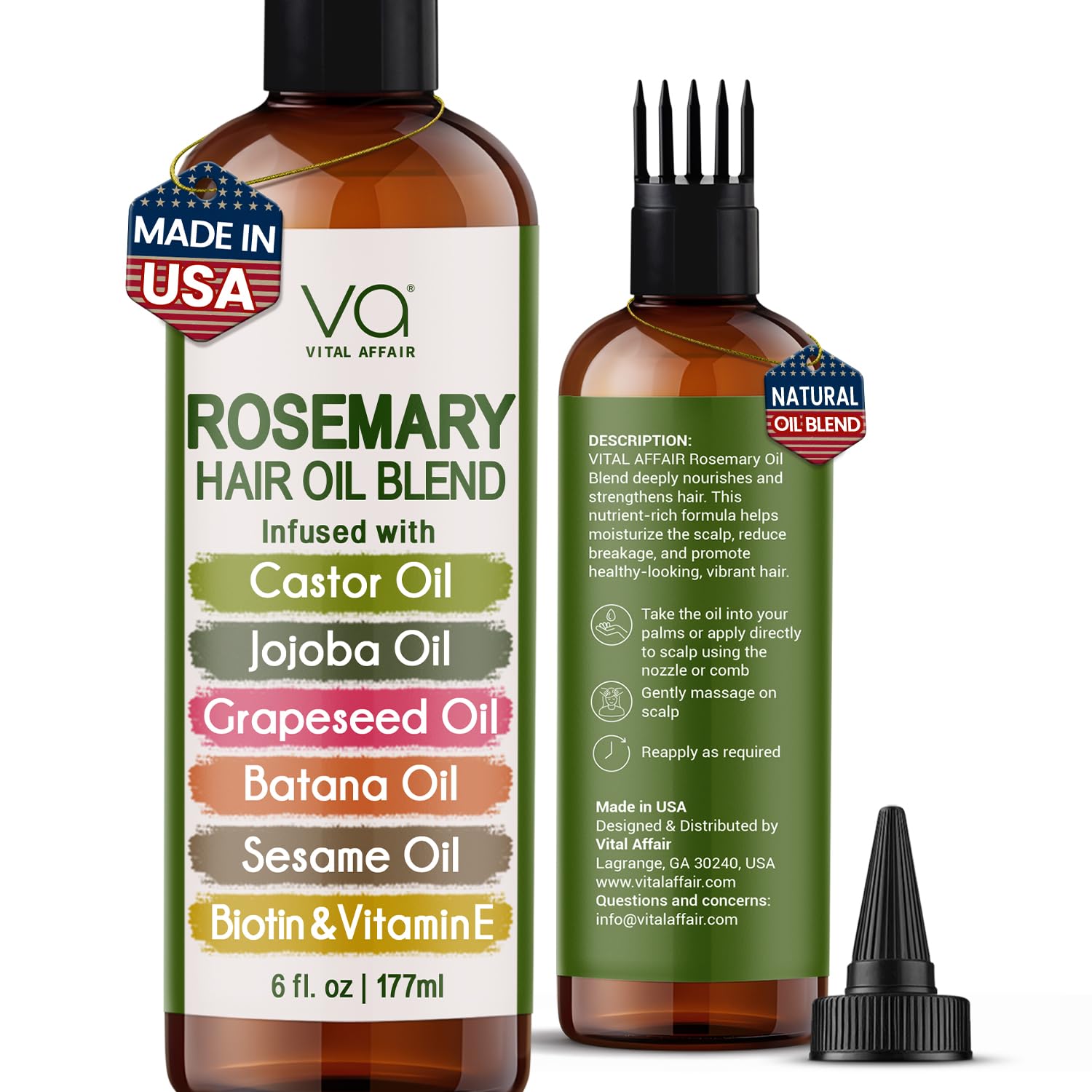 VITAL AFFAIR Blend Of Pure Rosemary Oil For Hair Growth With Castor, Batana, Jojoba Oil-Infused With Biotin &amp; Vitamin E-Blend of Effective Hair Oils for Hair Growth-Strengthening Treatment 6 Fl Oz