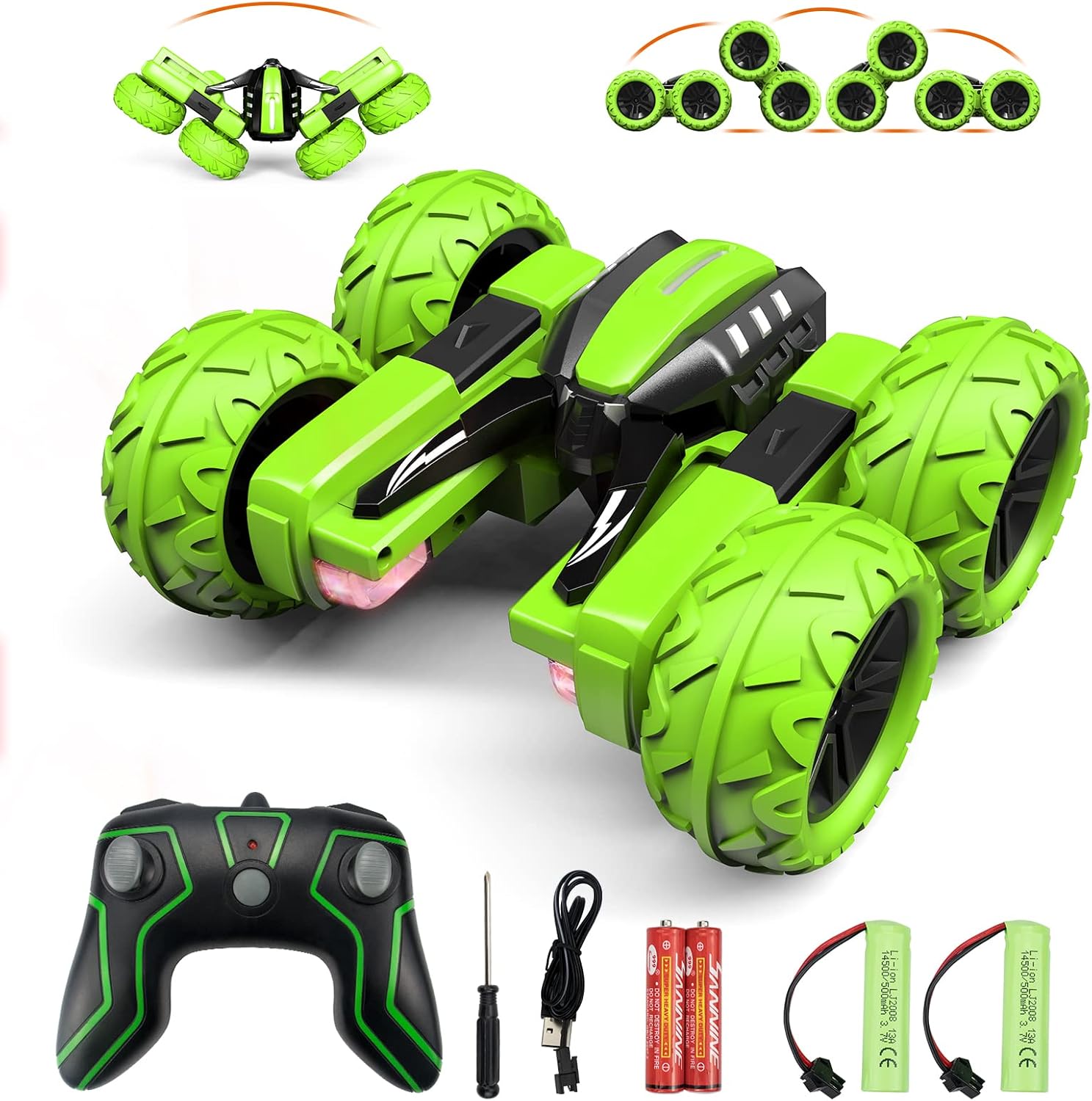 Amicool Remote Control Car Boy with Headlight, Hobby RC Car Stunt Kids Toy Gift for Boys Girls 6+ Years, Electric 4WD 2.4Ghz Double Side Rotating Race Vehicle 360° Flips Offroad Birthday Xmas