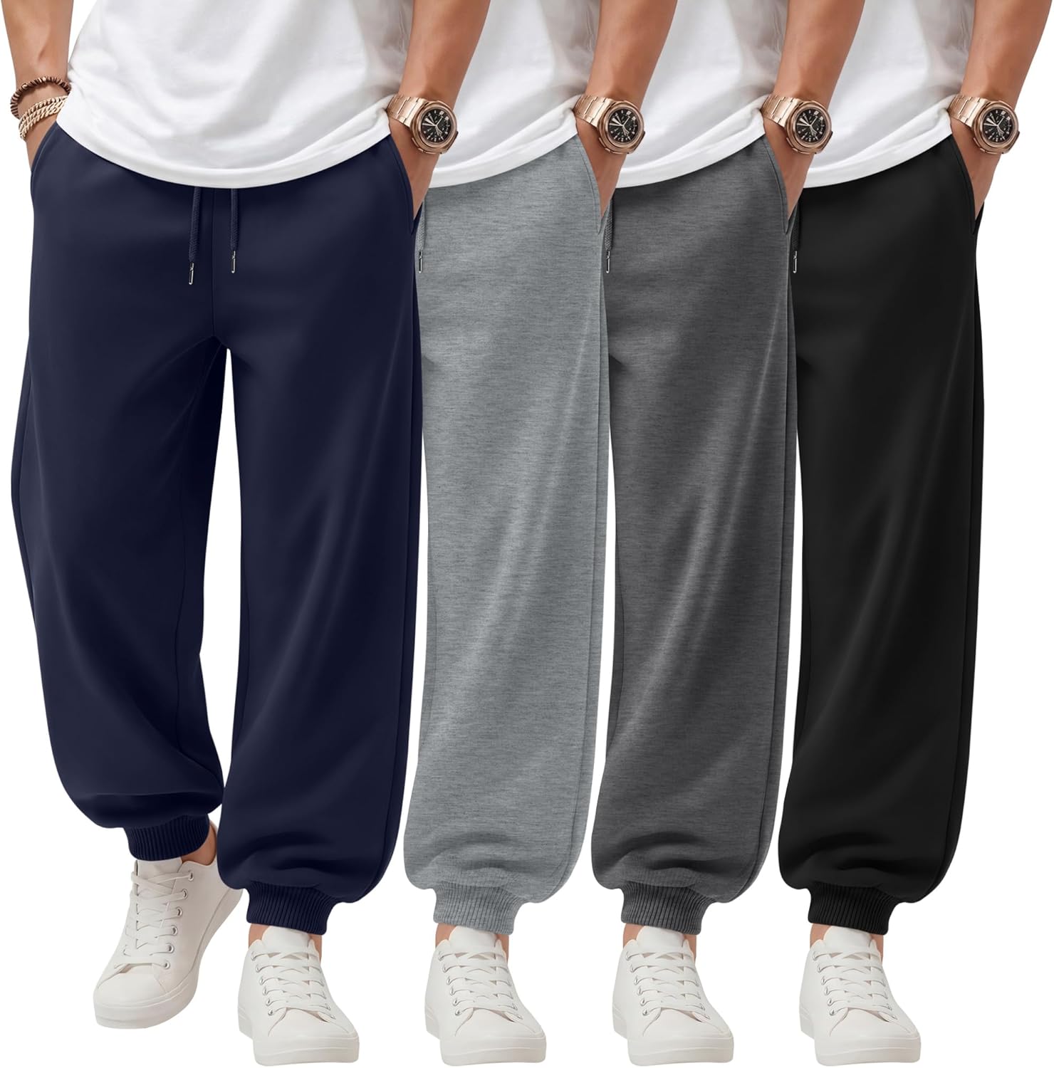 Baggyfly 4 Pack Mens Athletic Sweatpants Gym Casual Baggy Joggers Drawstring Elastic Bottom Basic Pants with Pockets