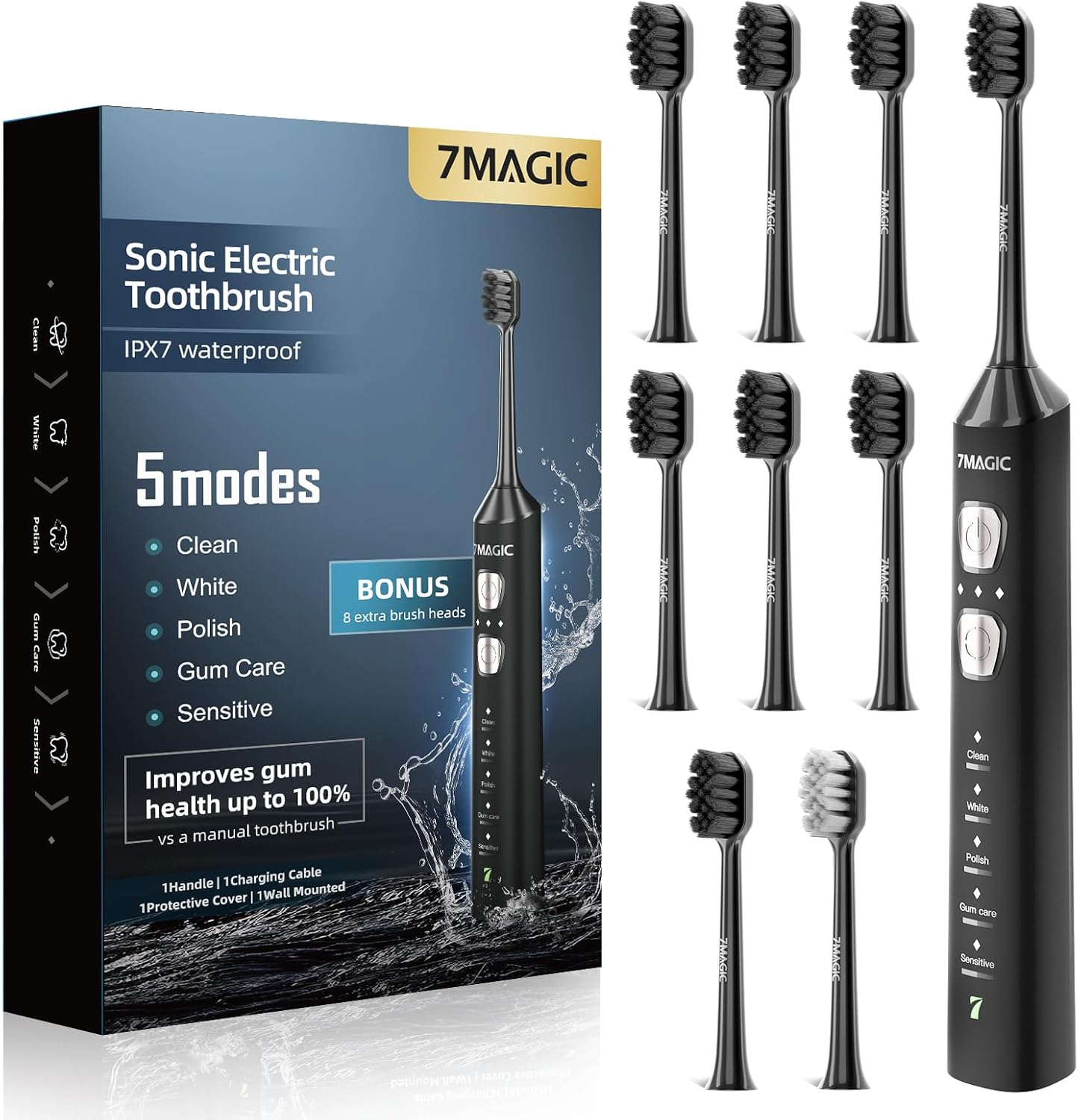 7MAGIC Sonic Electric Toothbrush for Adults and Kids - Up to 180 Days Runtime, 42000 VPM Powered Toothbrush, 5 Modes &amp; 3 Intensities for Sensitive Teeth &amp; Braces, Includes 8 Brush Heads, Black
