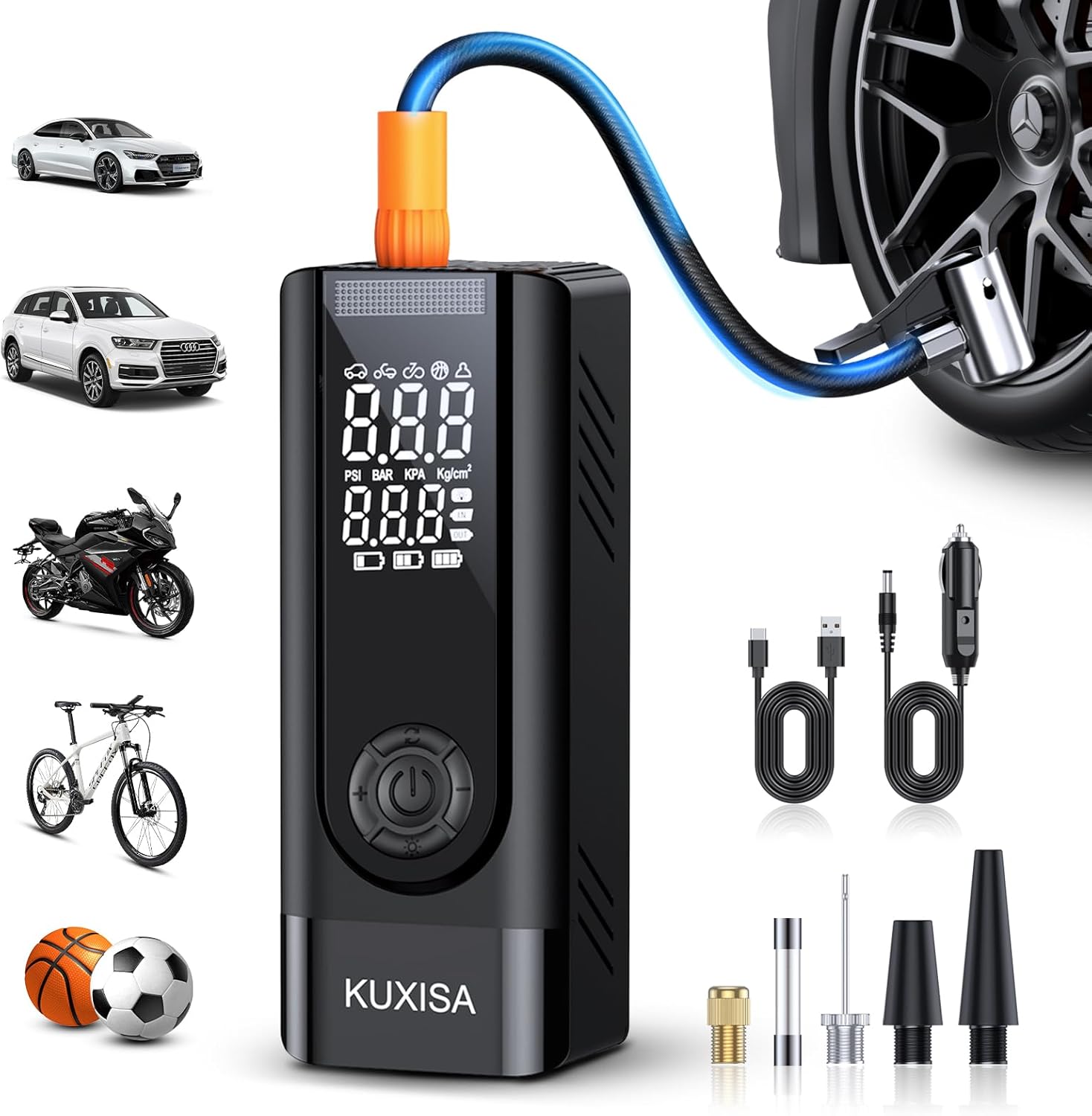 KUXISA Tire Inflator Portable Air Compressor, 3X Faster Air Compressor with Digital Pressure Gauge, 180PSI Faster Portable Air Pump for Cars, Motorcycles, Bicycles, Balls(Black)