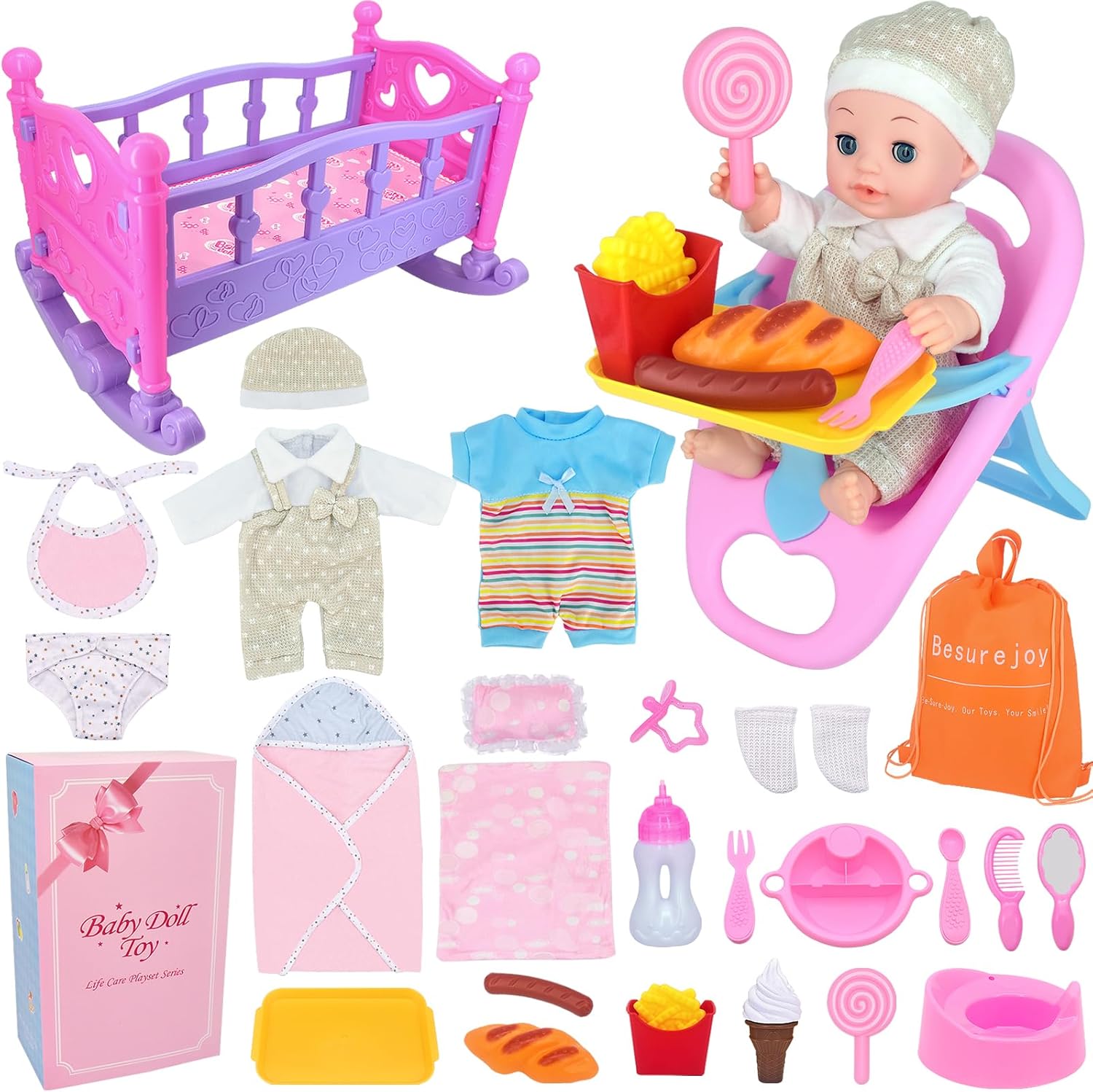 Besurejoy 12'' Baby Doll Care Playset with High Chair, Crib Bed, Swaddle,Blanket, Pacifier, Bib,Diaper,Feeding Accessories and Backpack. 26 PCS Kids Pretend Play Reborn Toy Gifts Set for Girls