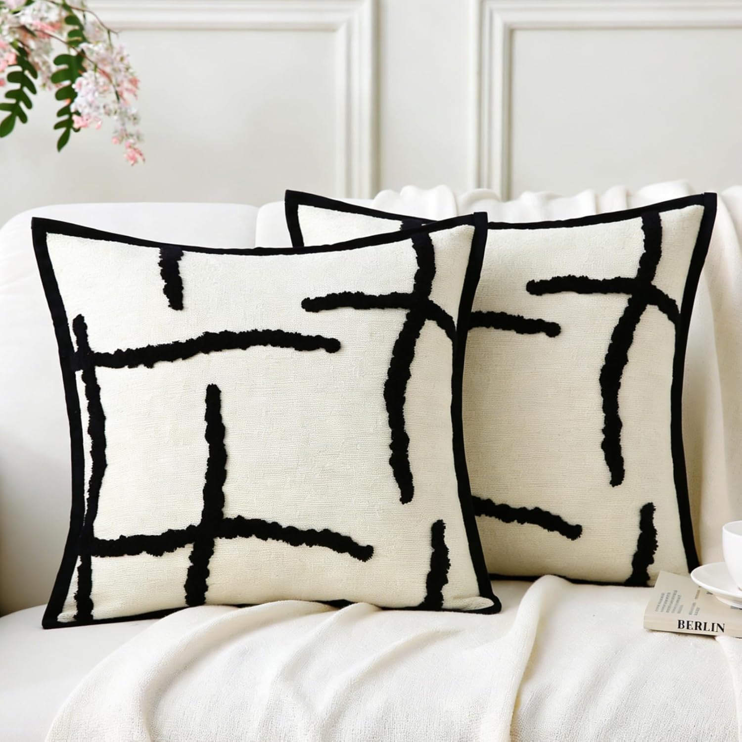AkiiGer Decorative Throw Pillows with Inserts 2 Pack 18" x 18" Boho Soft Tufted Modern Chenille Pillow for Home, Patio, Couch, Bedroom, Living Room (Black Lines)