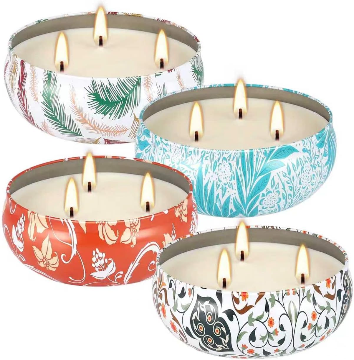 4-Pack Citronella Candle Set in Decorative Tropical Flower Tin Boxes - 3-Wick Functional Decorative Candles for Indoor &amp; Outdoor Use - Perfect for Camping, Travel, BBQ, Picnics, and Mother's D