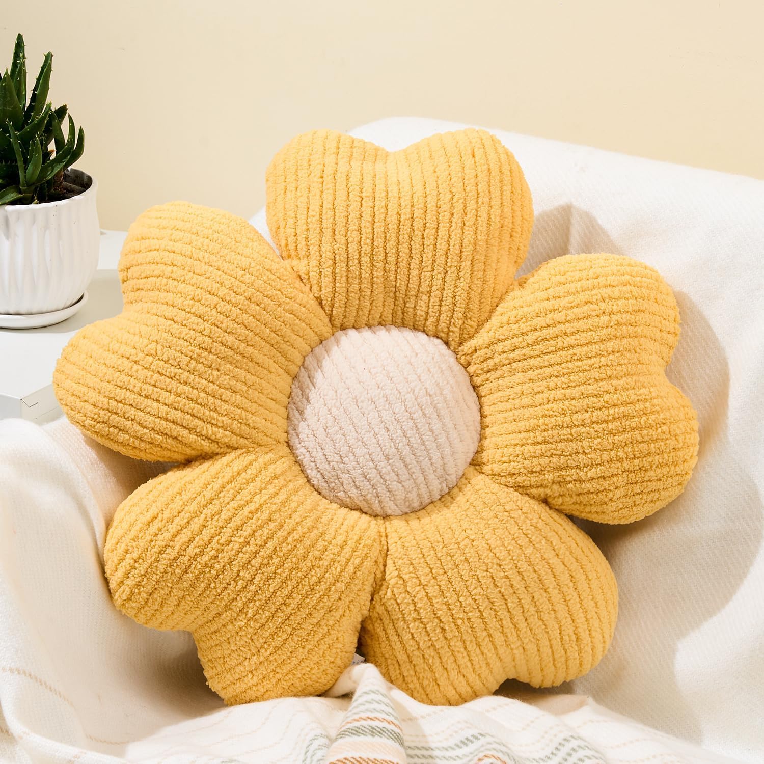 Sioloc Yellow Flower Pillow, Decorative Throw Pillow for Bed, Cute Daisy Flower Shaped Floor Cushion for Pet, Couch &amp; Room Decor (15.7 Inch)