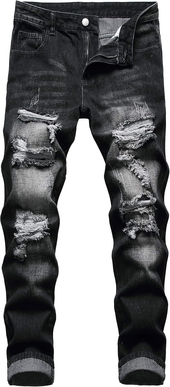 MXCVYCC Men's Ripped Jeans,Slim Fit Distressed Straight Leg Fashion Denim Pants