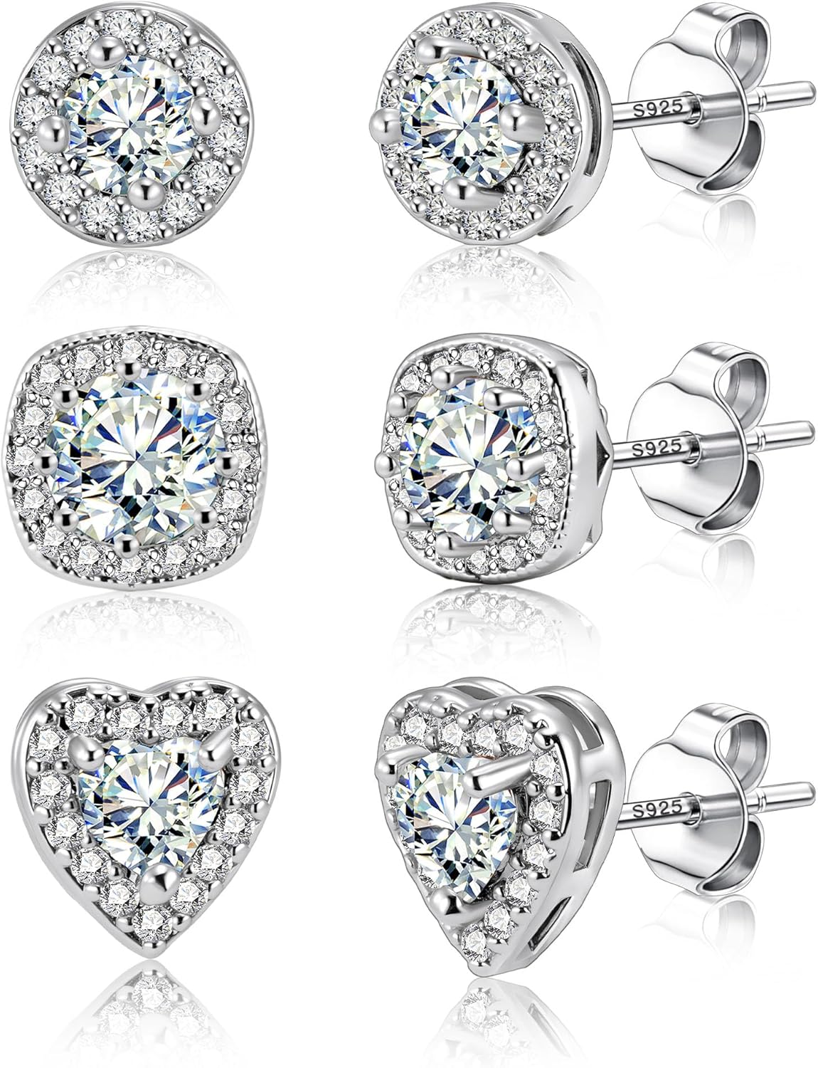 ALEXCRAFT Sterling Silver Stud Earrings for Women Cubic Zirconia Halo Round Heart Square Diamond Large Silver Stud Set Earring