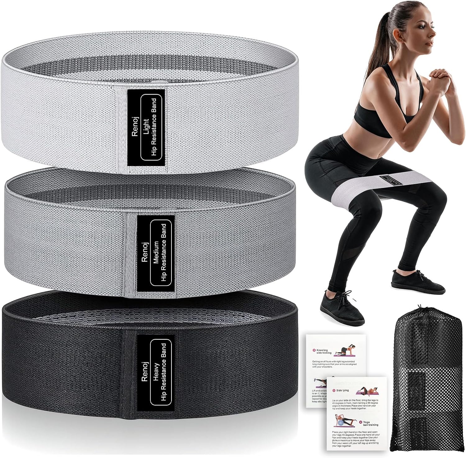 Renoj Resistance Bands for Working Out: 3-Set Professional Exercise Bands for Pilates, Yoga, Home Gym, Booty, Leg Training | Heavy\/Medium\/Light Fabric Loops for Women Men