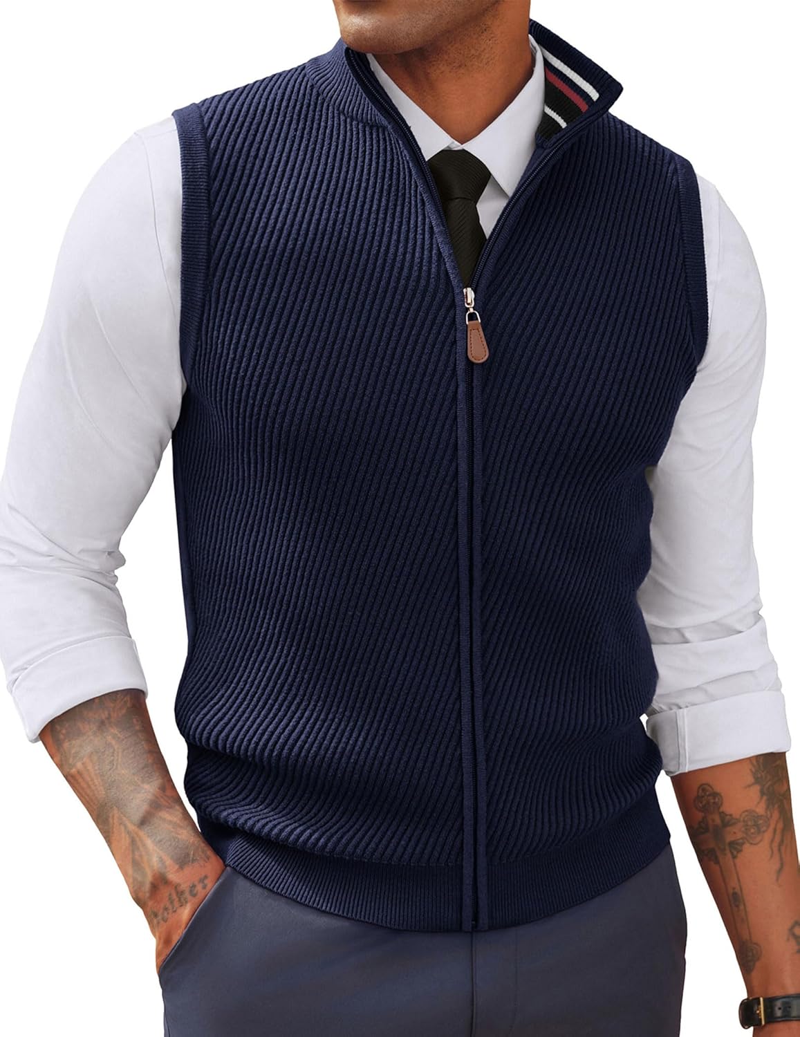 PJ PAUL JONES Men's Sweater Vests Slim Fit Twill Textured Full Zip Sleeveless Vests Casual Outwear