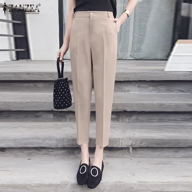 ZANZEA Womens Elastic Waist Plain Trousers Fit Work Office Long Suit Pants Bottoms