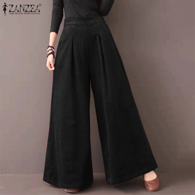 ZANZEA Womens Flare Wide Leg Pants Casual Corduroy Culottes High Waist Trousers