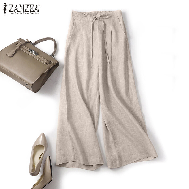 ZANZEA Women Drawstring Elastic Waist Plain Cotton Long Pants Loose Casual Trousers
