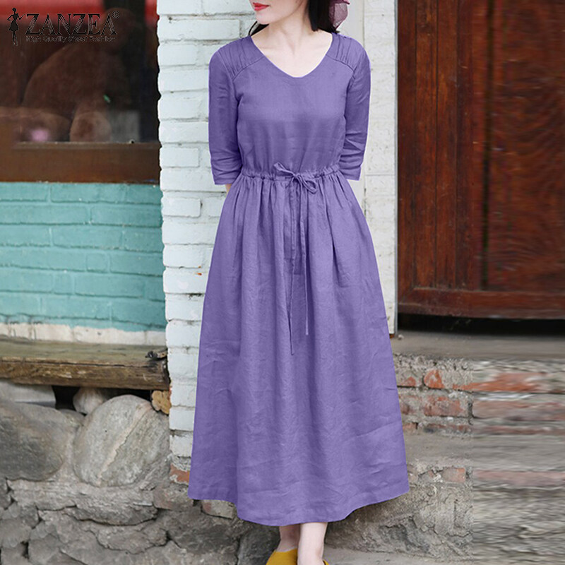 ZANZEA Womens Simple Vintage V-Neck Tie Waist Midi Dress Casual Loose Plain Sundress #8