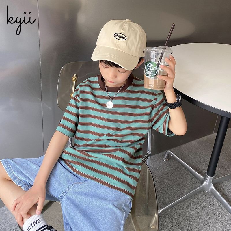 KYII stripe short sleeve Casual boys cotton summer loose shirt Korean Shirt kyb042
