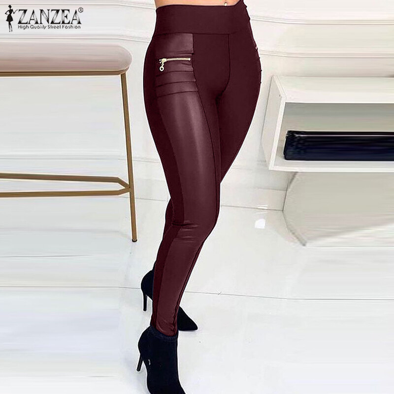 ZANZEA Women Fashion Long Pants Legging Faux Leather Elastic Waist Fit Skinny Trouser #15